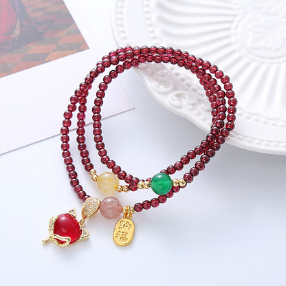 Natural Garnet Strawberry Quartz Crystal Fox Peace Buckle Fortune Protection Triple Wrap Bracelet