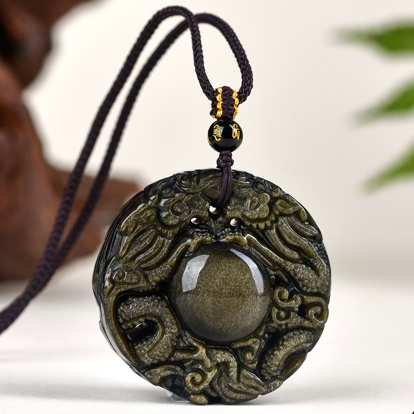 Obsidian Double Dragon Guardian Pendant