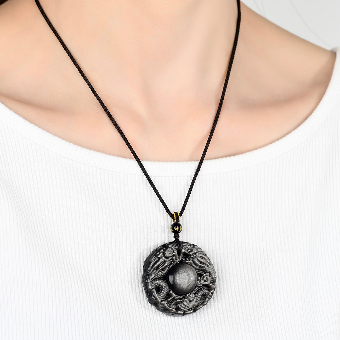 Obsidian Double Dragon Guardian Pendant