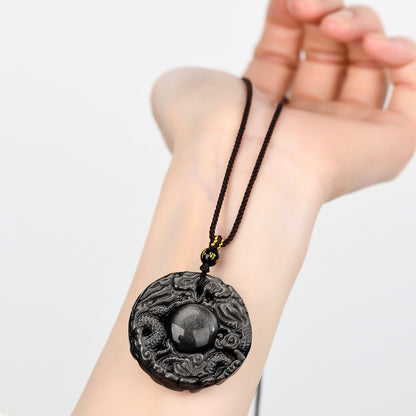 Obsidian Double Dragon Guardian Pendant