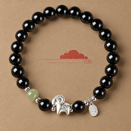 Obsidian Silver Goat Wealth Guardian Bracelet -