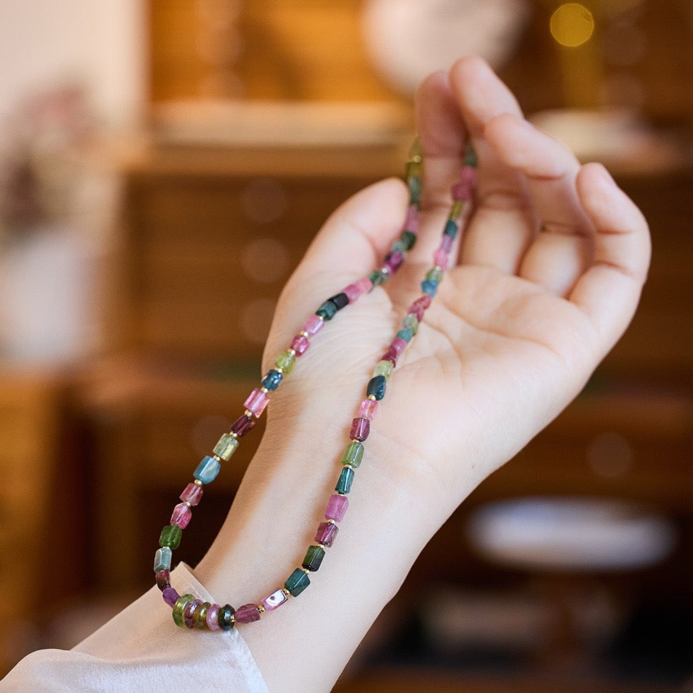 Rainbow Tourmaline Barrel Bead Necklace