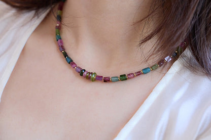 Rainbow Tourmaline Barrel Bead Necklace
