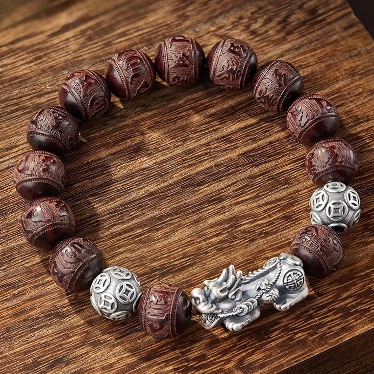 Red Sandalwood Silver Pixiu Mantra Fortune Guardian Bracelet