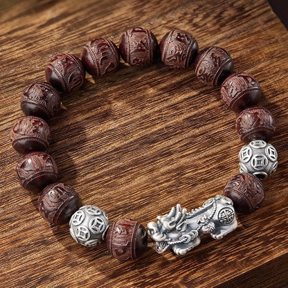 Red Sandalwood Silver Pixiu Mantra Fortune Guardian Bracelet