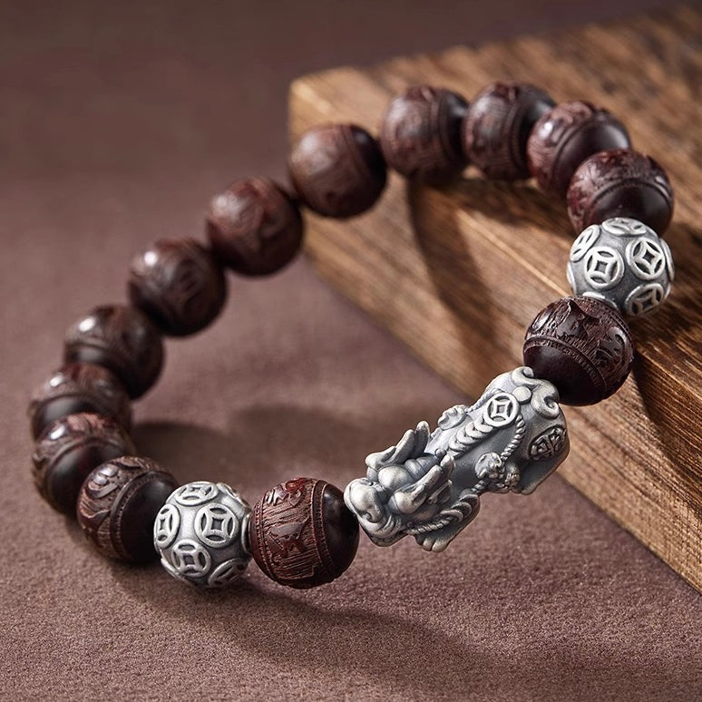 Red Sandalwood Silver Pixiu Mantra Fortune Guardian Bracelet