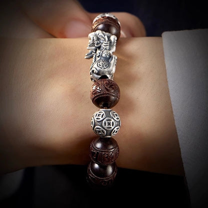 Red Sandalwood Silver Pixiu Mantra Fortune Guardian Bracelet