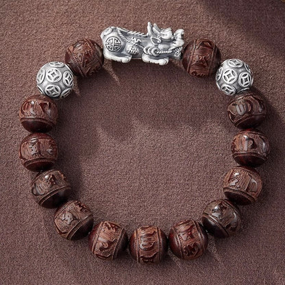 Red Sandalwood Silver Pixiu Mantra Fortune Guardian Bracelet