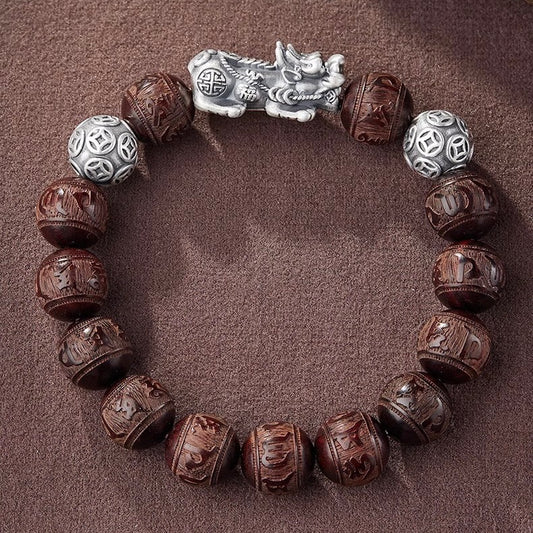 Red Sandalwood Silver Pixiu Mantra Fortune Guardian Bracelet