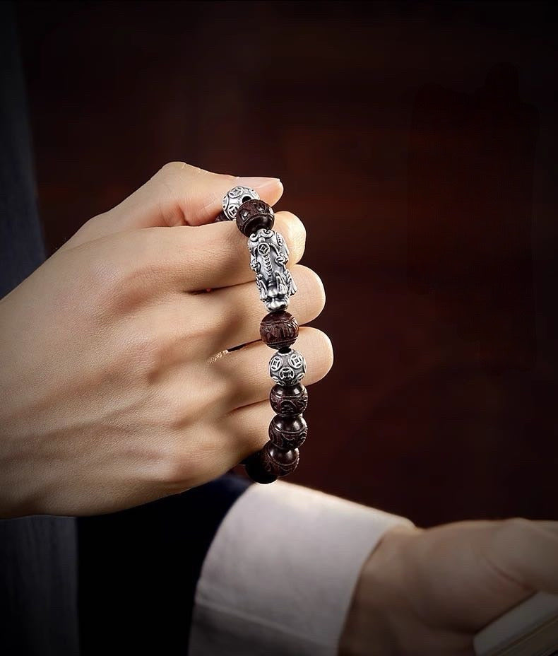 Red Sandalwood Silver Pixiu Mantra Fortune Guardian Bracelet