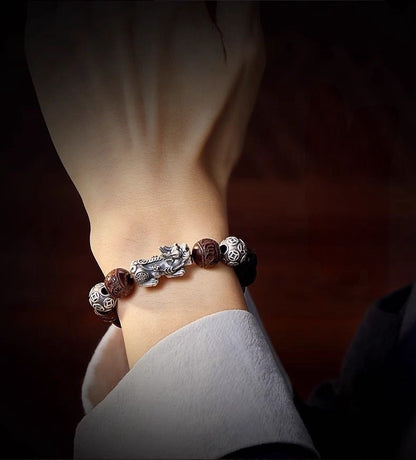 Red Sandalwood Silver Pixiu Mantra Fortune Guardian Bracelet