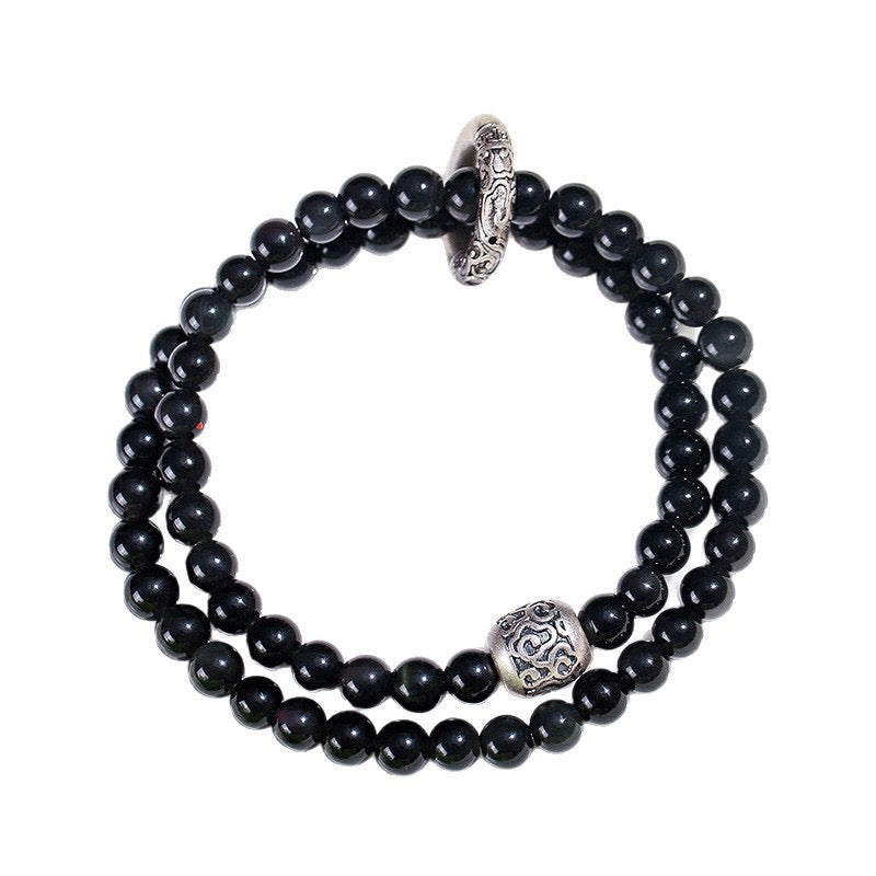 Silver Obsidian Double Wrap Bracelet