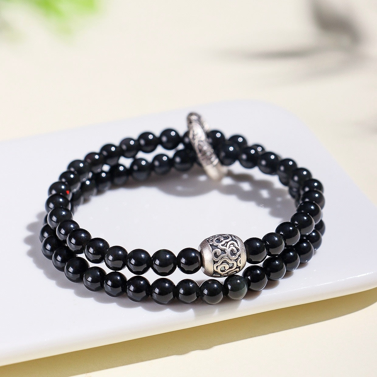 Silver Obsidian Double Wrap Bracelet