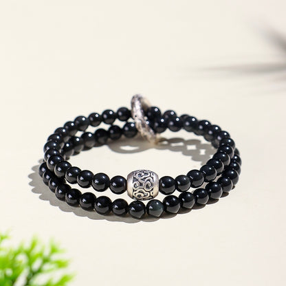 Silver Obsidian Double Wrap Bracelet