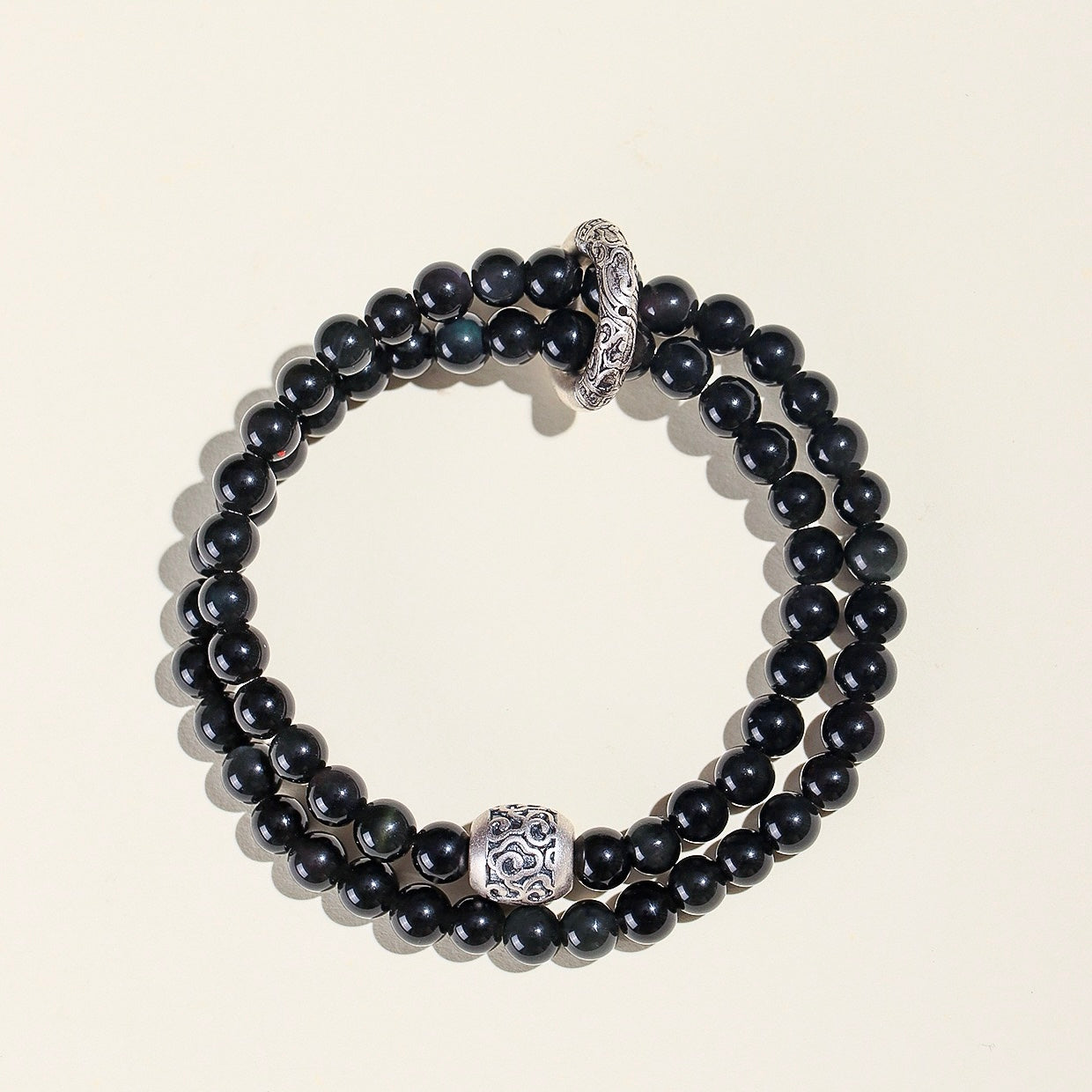 Silver Obsidian Double Wrap Bracelet