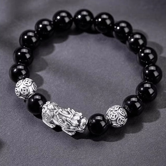 Silver Pixiu Obsidian Wealth Bracelet