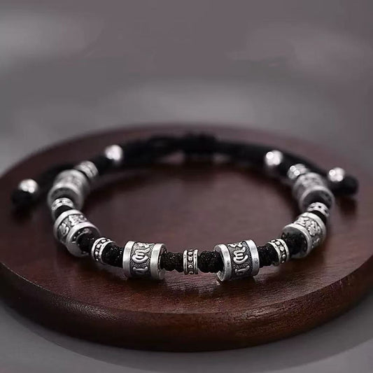 Six-Character Mantra Vintage Silver Ethnic Men’s Cord Bracelet