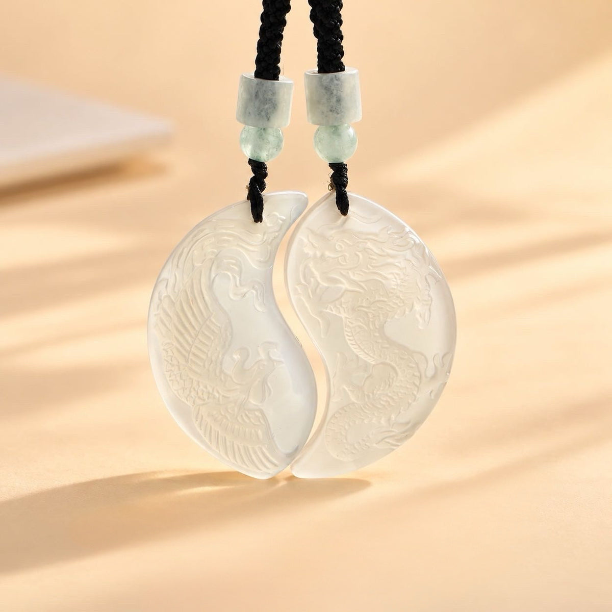 White Chalcedony Dragon Phoenix Harmony Couple Necklaces