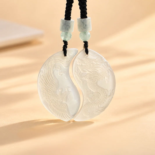 White Chalcedony Dragon Phoenix Harmony Couple Necklaces