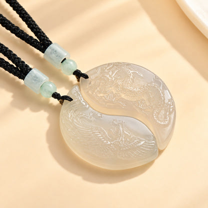 White Chalcedony Dragon Phoenix Harmony Couple Necklaces