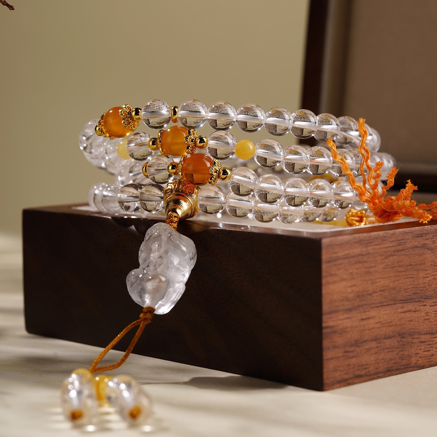 White Quartz Amber Pixiu Mala Bracelet