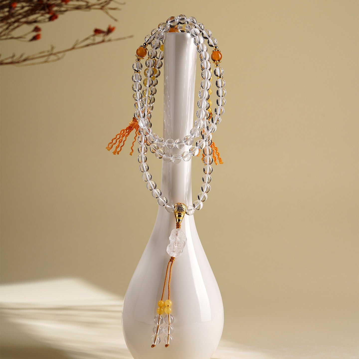 White Quartz Amber Pixiu Mala Bracelet