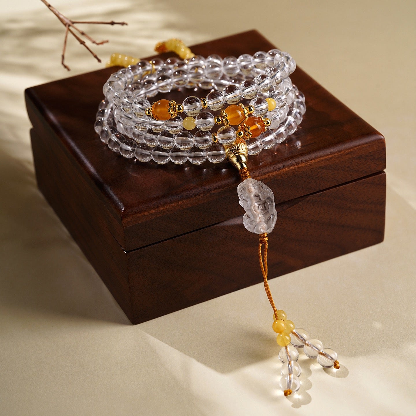 White Quartz Amber Pixiu Mala Bracelet