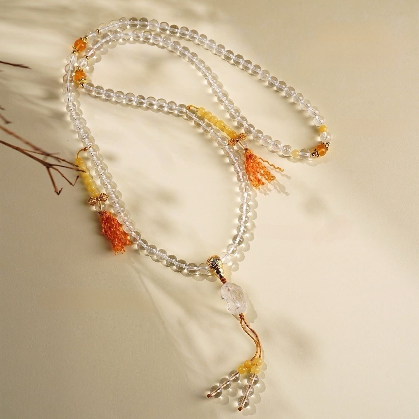 White Quartz Amber Pixiu Mala Bracelet
