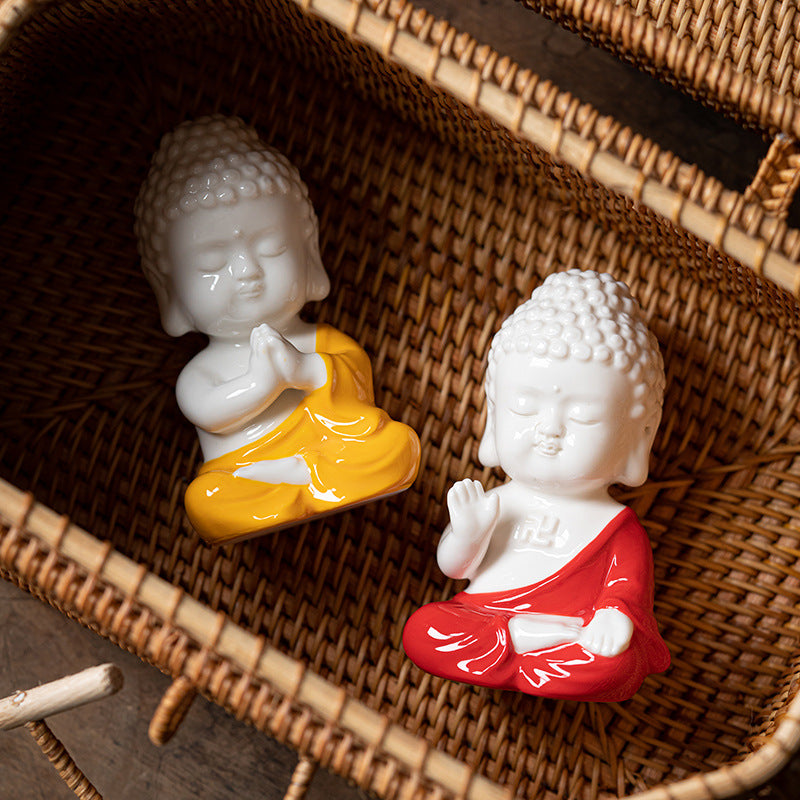 Fortune & Karma Zen Serenity Ceramic Red and Yellow Buddha Figurine Statue Ornament