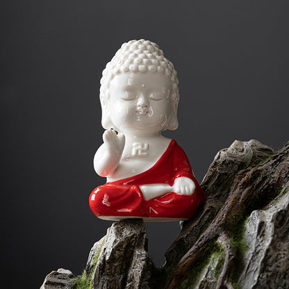 Fortune & Karma Zen Serenity Ceramic Red and Yellow Buddha Figurine Statue Ornament