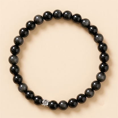 Black Obsidian Silver Flower Protection Bracelet