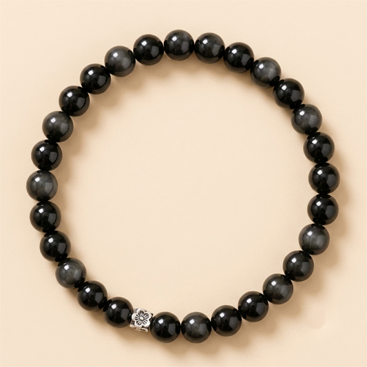 Black Obsidian Silver Flower Protection Bracelet