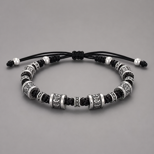 Six-Character Mantra Vintage Silver Ethnic Men’s Cord Bracelet
