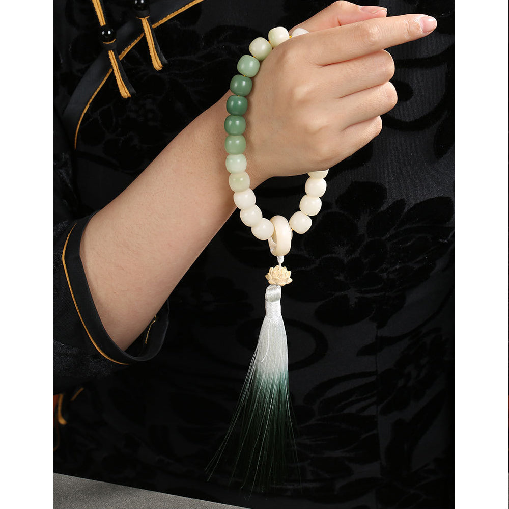 Natural Gradient Bodhi Seed Fortune Money Bag Lotus Wisdom Tassel Wrist Mala - Fortune & Karma