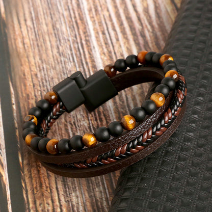 Natural Lava Rock Black Onyx Bead Braided Leather Protection Bracelet
