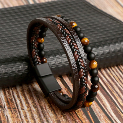Natural Lava Rock Black Onyx Bead Braided Leather Protection Bracelet