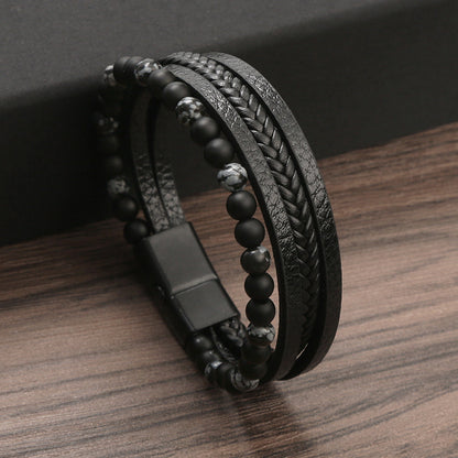 Natural Lava Rock Black Onyx Bead Braided Leather Protection Bracelet