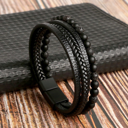 Natural Lava Rock Black Onyx Bead Braided Leather Protection Bracelet