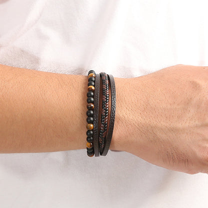 Natural Lava Rock Black Onyx Bead Braided Leather Protection Bracelet