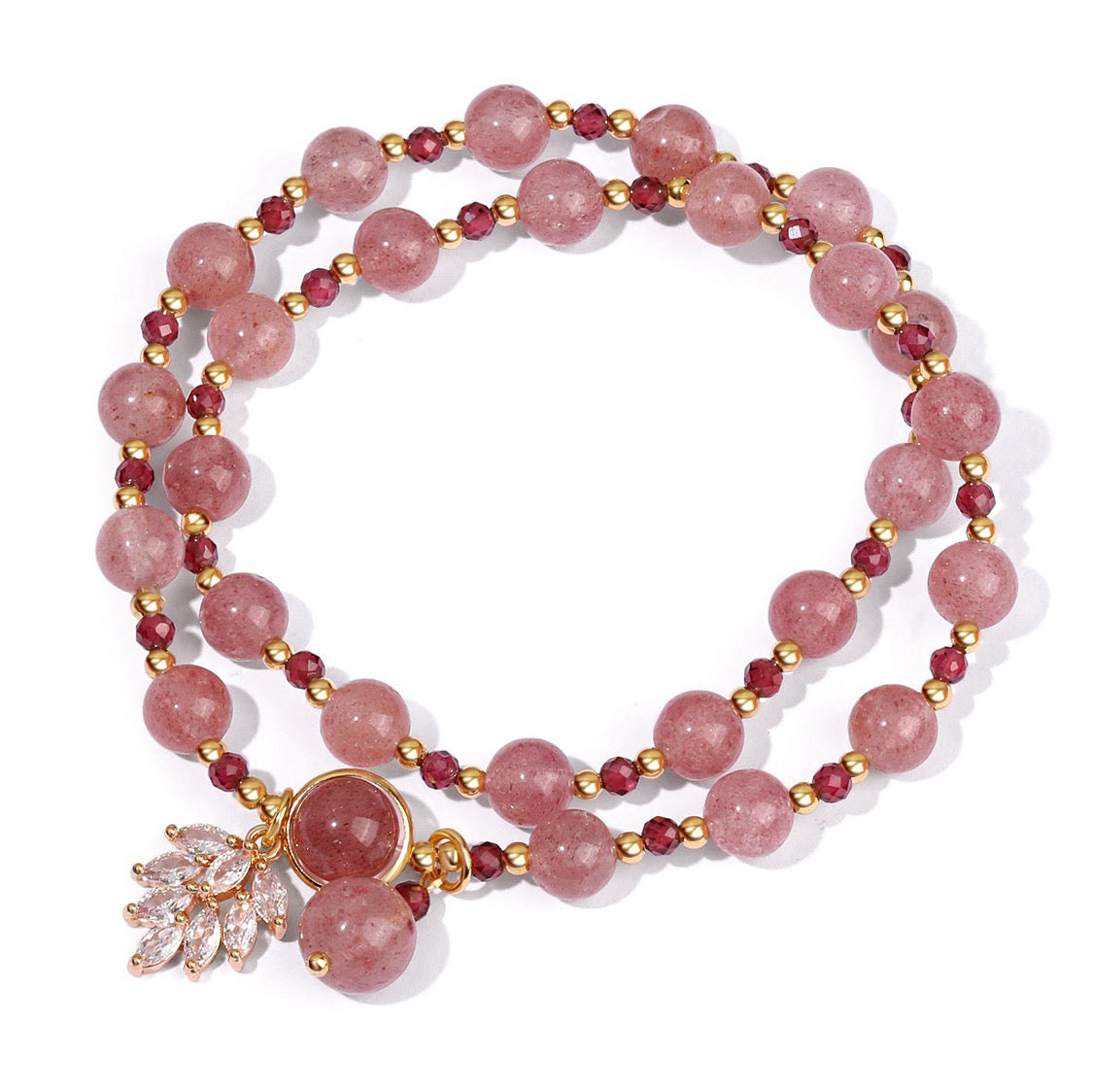 Natural Strawberry Quartz Love Healing Maple Leaf Charm Double Wrap Bracelet - Fortune & Karma