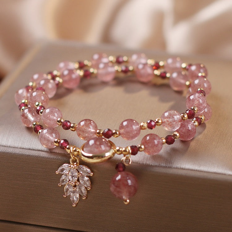 Natural Strawberry Quartz Love Healing Maple Leaf Charm Double Wrap Bracelet - Fortune & Karma