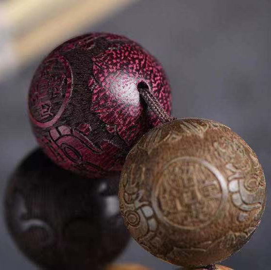 PiXiu Carved Rosewood Green Sandalwood Ebony Wood Copper Coin Carved Calm Bracelet - Fortune & Karma
