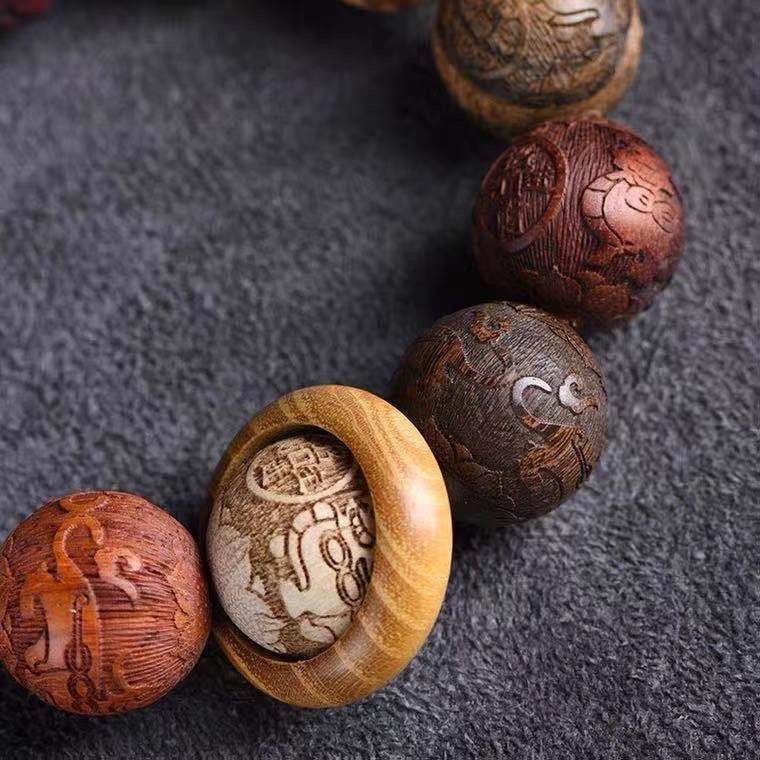 PiXiu Carved Rosewood Green Sandalwood Ebony Wood Copper Coin Carved Calm Bracelet - Fortune & Karma
