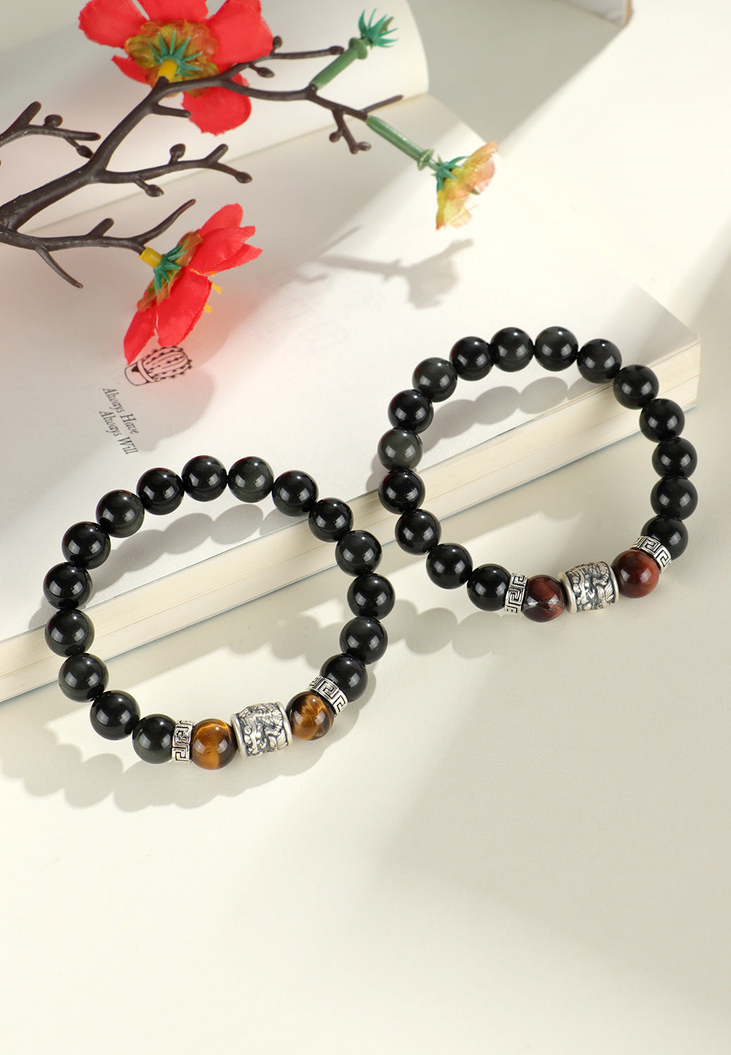 Silver Prayer Wheel Obsidian Bracelet