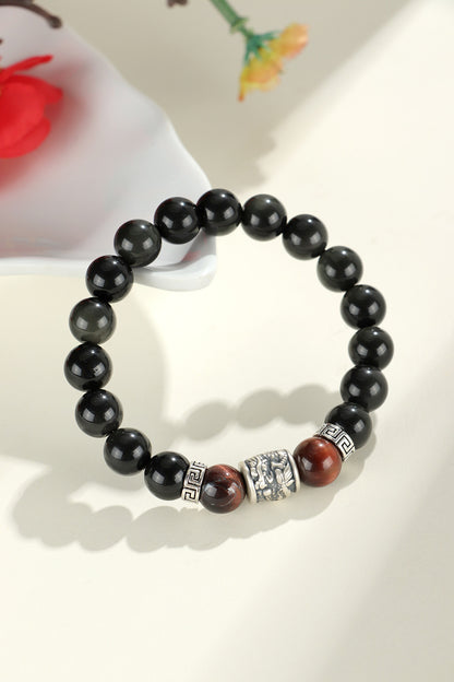 Silver Prayer Wheel Obsidian Bracelet