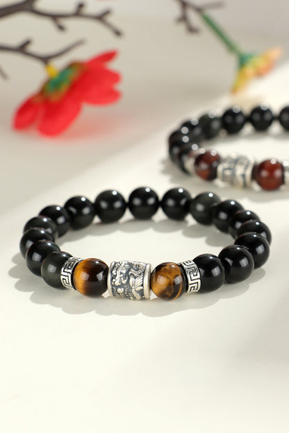 Silver Prayer Wheel Obsidian Bracelet