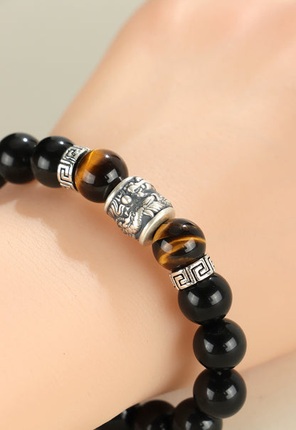 Silver Prayer Wheel Obsidian Bracelet