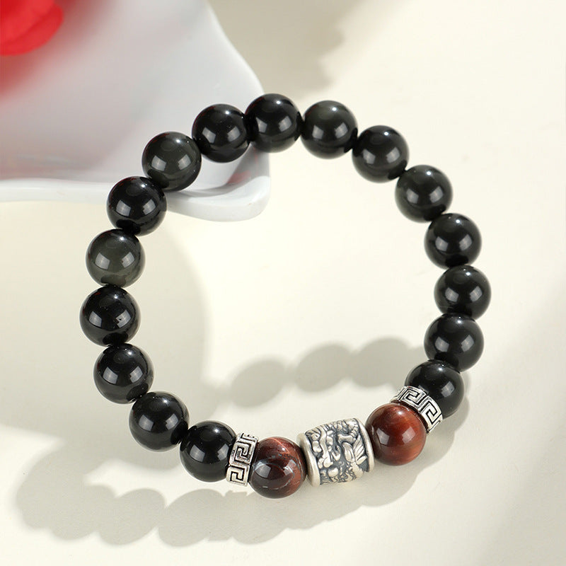 Silver Prayer Wheel Obsidian Bracelet