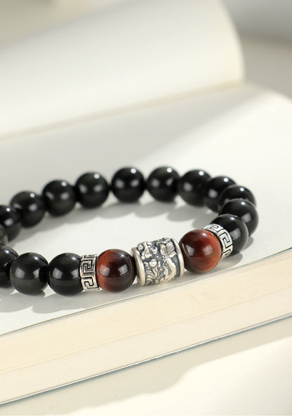 Silver Prayer Wheel Obsidian Bracelet