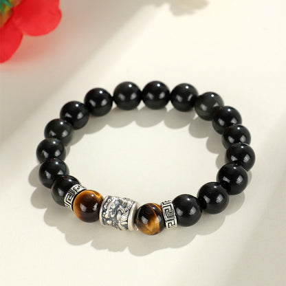 Silver Prayer Wheel Obsidian Bracelet